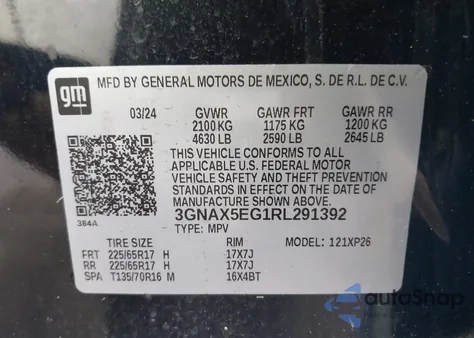 2024 Chevrolet Equinox Awd 1Fl из США, поврежденный, VIN 3GNAX5EG1RL291392